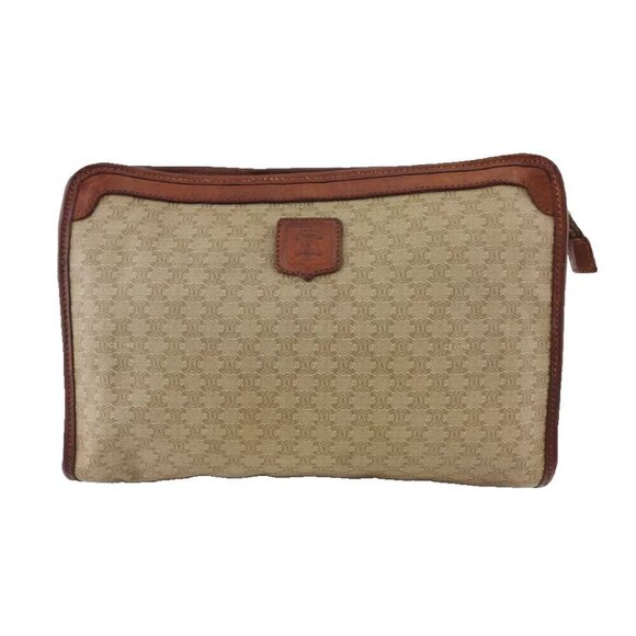 CELINE Clutch Bag Macadam Beige PVC x Leather Authentic - Picture 1 of 10